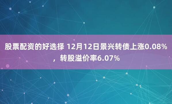 股票配资的好选择 12月12日景兴转债上涨0.08%，转股溢价率6.07%